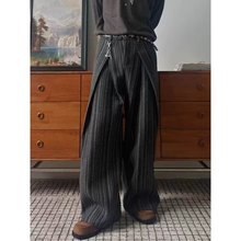 老钱风打褶条纹毛毡西裤男秋季慵懒风a字阔腿弯刀裤子垂坠休闲裤