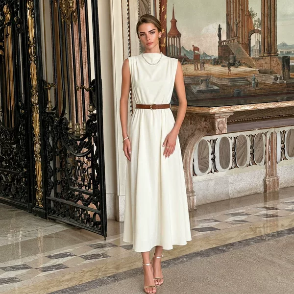 French-Style Dress for Women, Waist-Cinching Long Dress, Elegant and Suitable for Work, Pleated, Solid Color, High Collar, Sleeveless, New Summer Model with Belt