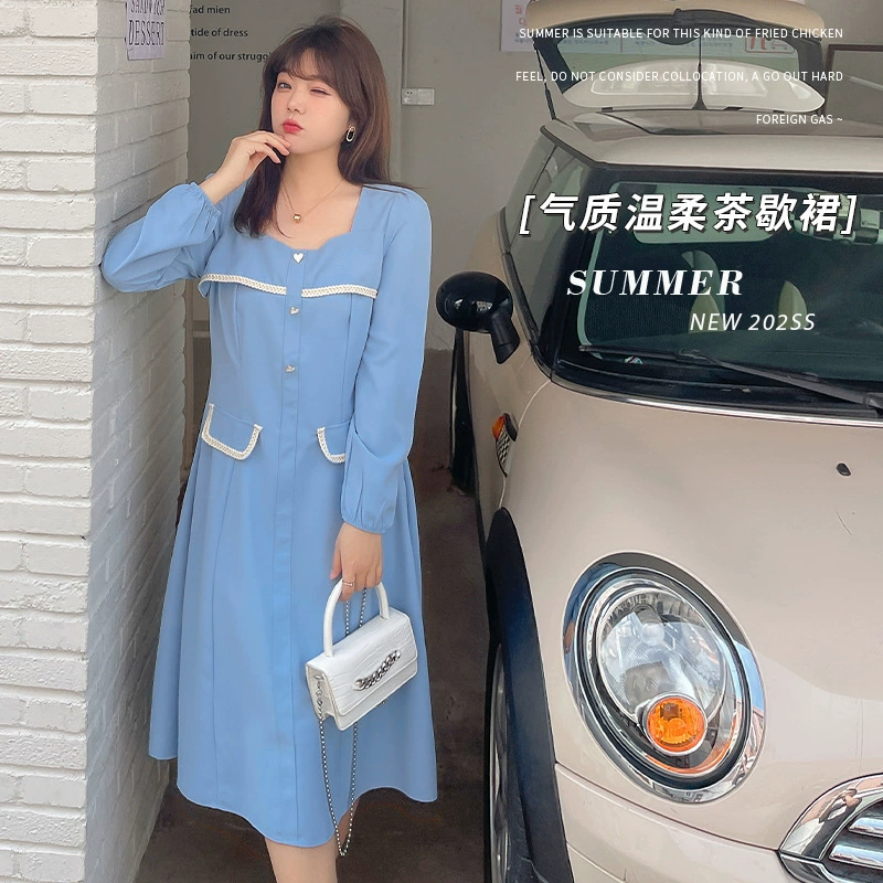 Весна Новый плюс Размер женщин 200 Джин пухлые девушка темперамент небольшой аромат квадратный воротник Тонкий платье 140143