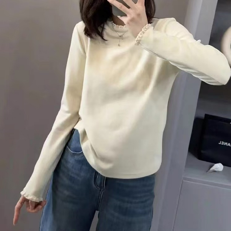 Lace Collar Fleece-Lined Warm Bottoming Shirt for Women, Large Size Fat mm Spring Elegant Slimming Look Long-Sleeved Inner T-Shirt Top