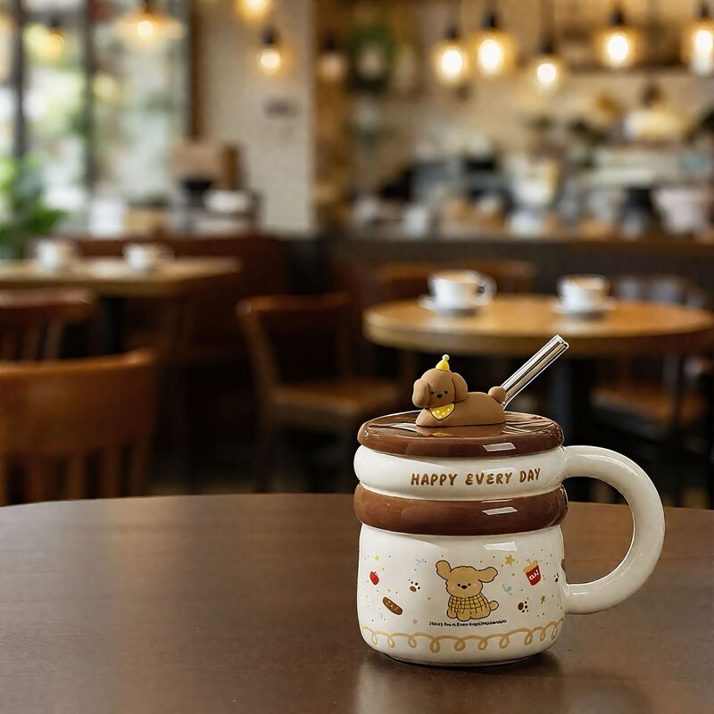 高颜值可爱陶瓷马克杯家用咖啡杯生日礼物杯子小狗吸管杯新款水杯|undefined