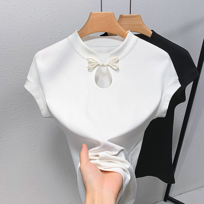 Camiseta de manga corta de cuello vertical para mujeres verano 2025 nueva camiseta de algodón de manga de color sólido de estilo chino nueva camiseta de hebilla de estilo chino
