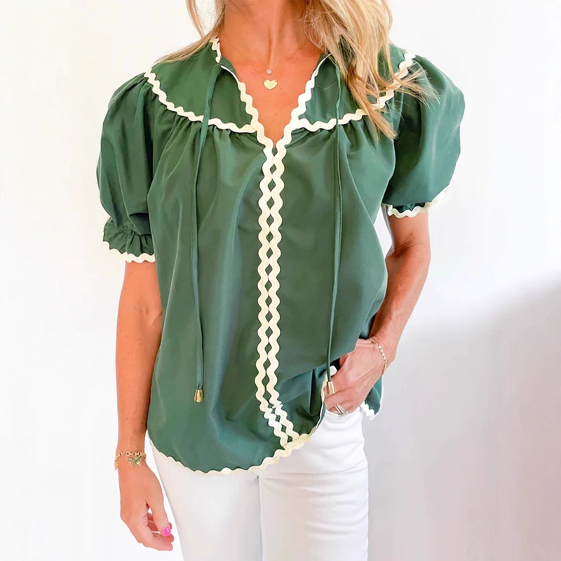 Shiying European and American Cross-Border Loose Casual Lace Rope Short-Sleeved Shirt Summer New V Neck Pullover for Women