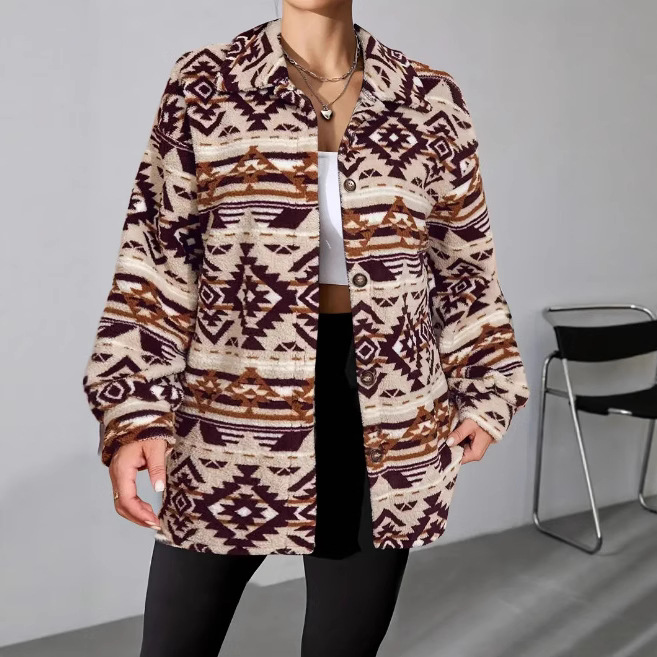 European and American Cross-Border Amazon Aliexpress Popular Loose Casual Plush Women's Retro Pattern Fancy Printed Long Sleeves