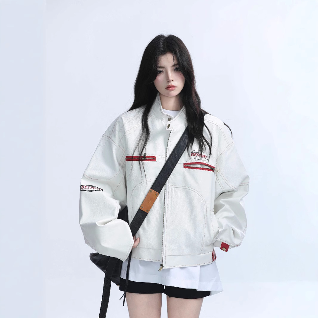 American High Street Pu Leather Motorcycle Jacket for Women, Autumn New Design, Niche Trendy Loose Brand Jacket