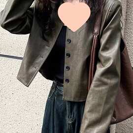 皮衣女短款外套2026春秋新款韩版百搭显瘦单排扣机车服皮夹克潮