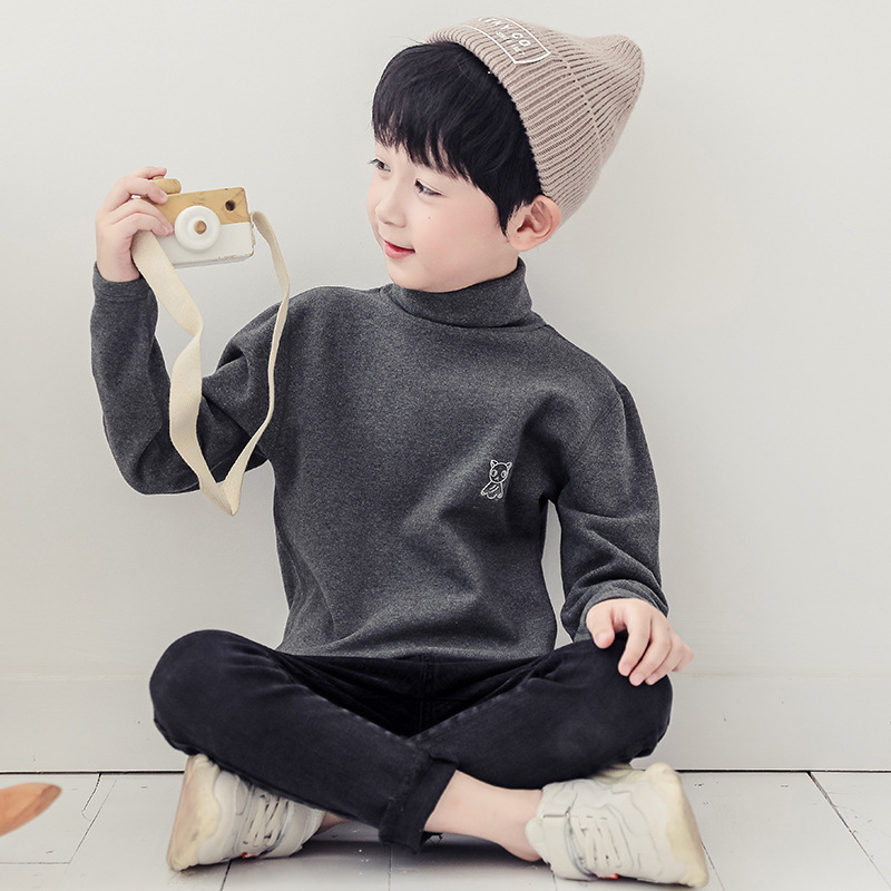 Mercury Bird Children's High-Neck Thick Colored Cotton Base Shirt Top for Boys and Girls, Solid Color Casual Soft Fleece Napped for Middle and Large Children