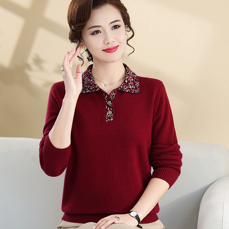 Шерстяной свитер для мамы, женский свитер из 100 чистых шерстяных свитеров, топ с лацканами, осень и зима для женщин среднего и пожилого возраста, новый свитер, высококачественный, западный стиль