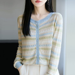【厂家直供】秋季新款条纹圆领开衫外套女时尚百搭毛衣外搭针织衫