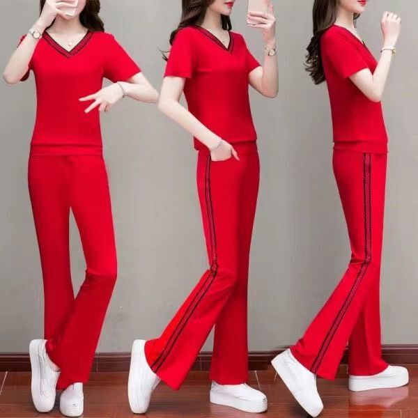 Sports Micro-Flared Pants Suit for Women Summer 2025 New Korean Style Short-Sleeved V Neck Sweatshirt Casual Wear Two-Piece Trendy Set