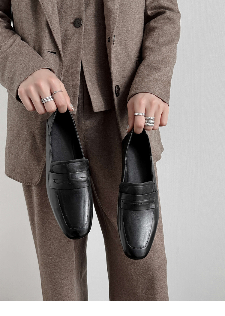 Giày loafer nữ mũi tròn da bò, gót vuông 2.5 cm phong cách Pháp — màu nâu chi tiết 7