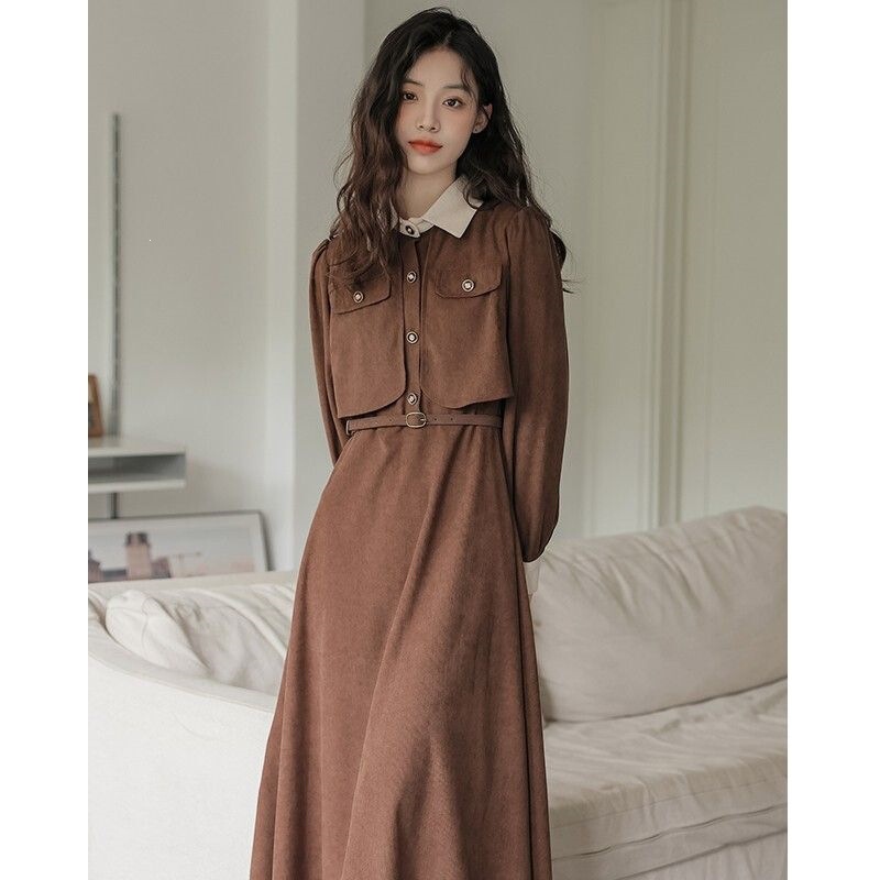 French-style vintage faux two-piece corduroy dress for women, new spring and autumn collection, slimming and elegant, with a high-end feel French-style vintage faux two-piece corduroy dress for women, new spring and autumn collection, slimming and elegant, with a high-end feel