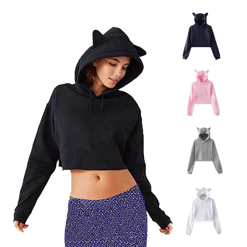 Cross-Border Solid Color Cat Ears Hooded Sweatshirt European and American Sweet and Cute Short Sweatshirt for Girls Autumn and Winter Velvet Sweatshirt for Women