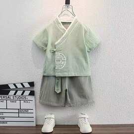 儿童男童汉服夏季中国古装夏装唐装薄款套装周岁棉麻礼服短袖宝宝