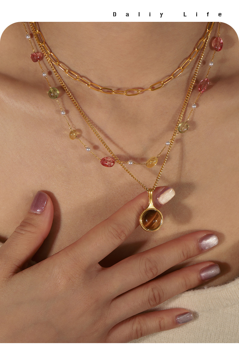 Geometric Pattern Lady Geometric Agate Tiger Eye Titanium Steel Wholesale Pendant Necklace