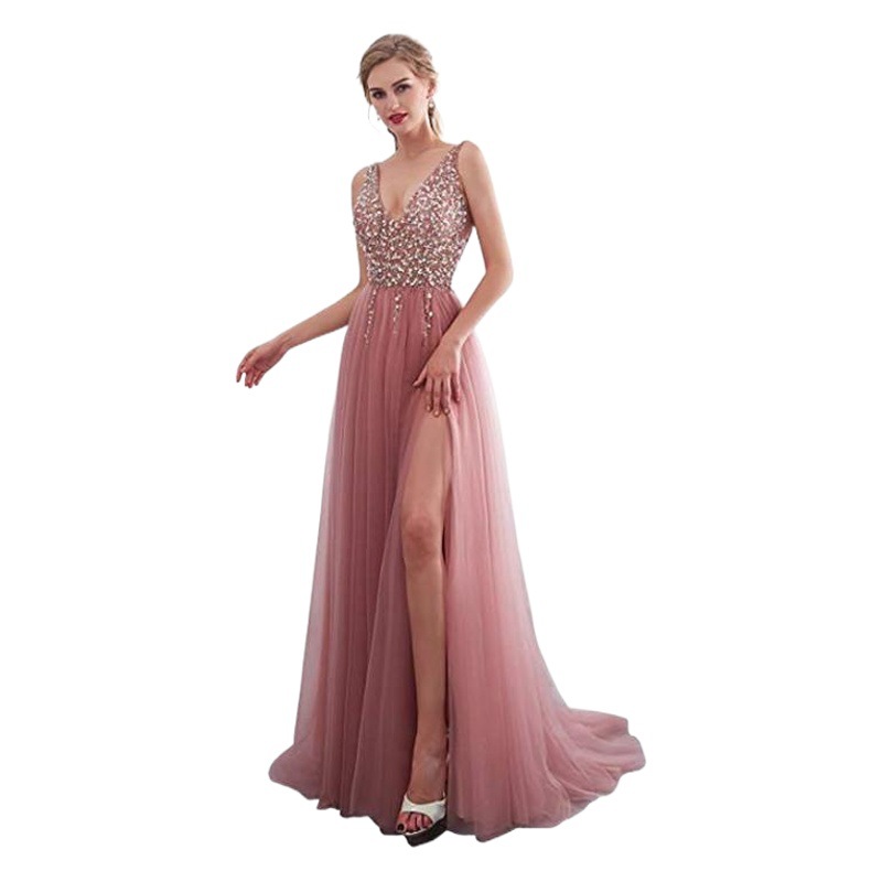 Vestido largo de noche con lentejuelas, abertura, escote en V pronunciado y espalda descubierta, estilo celebridad, de la nueva colección europea y americana de Amazon para mujer, 2025.