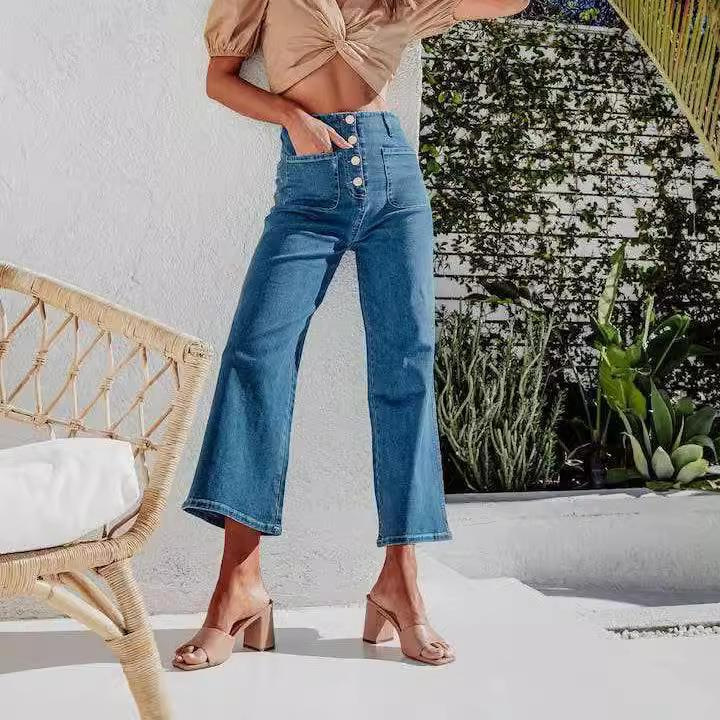 DY European and American retro loose straight single-breasted high-waist wide-leg women's jeans