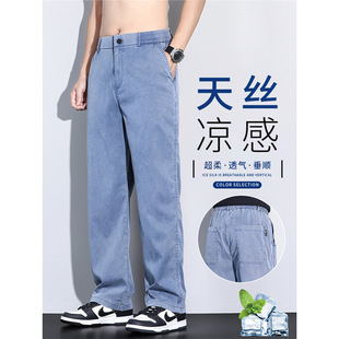 Ice Silk Jeans Men's Summer Thin Mesh Breathable Loose Straight Business Casual Honeycomb Cool Tencel Trousers