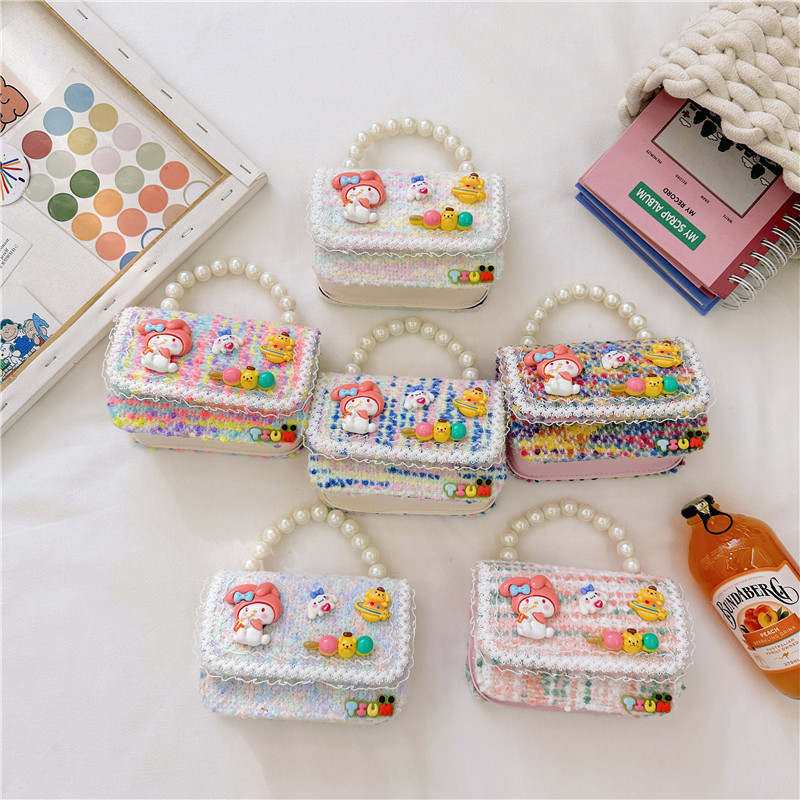 Venta al por mayor Otoño e Invierno estilo occidental niños pequeño bolso cuadrado moda femenina niñas contraste color cadena bolso simple con cuentas