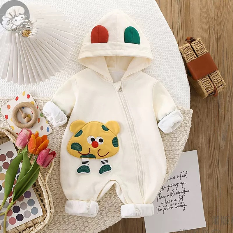 Primavera y otoño nuevo estilo de una pieza de doble capa bebé con capucha de dibujos animados con cremallera abierta oblicua mameluco para bebé