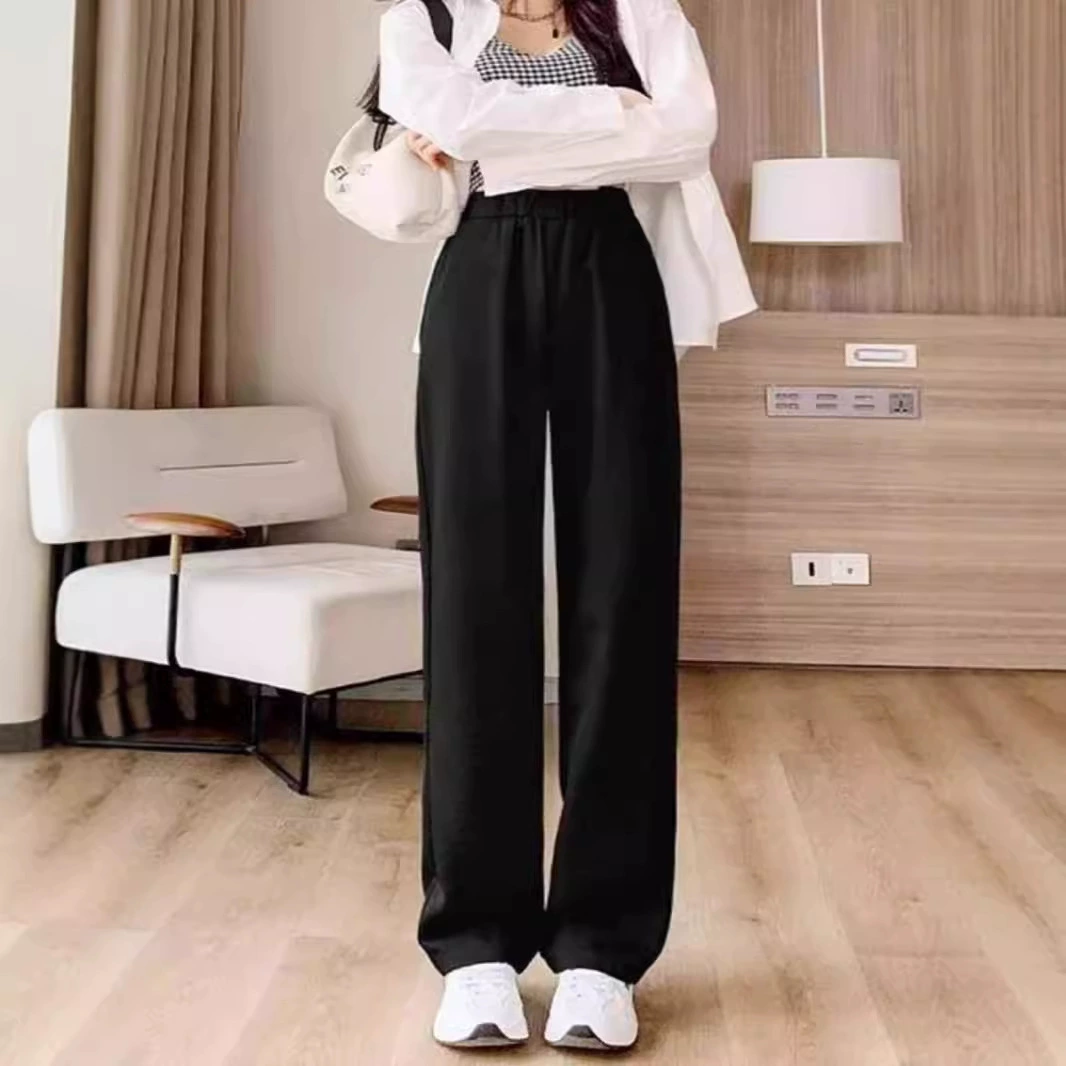 2024 Весенние черные брюки для женщин высокого уровня, свободные широкие брюки с высокой талией повседневные прямые брюки
