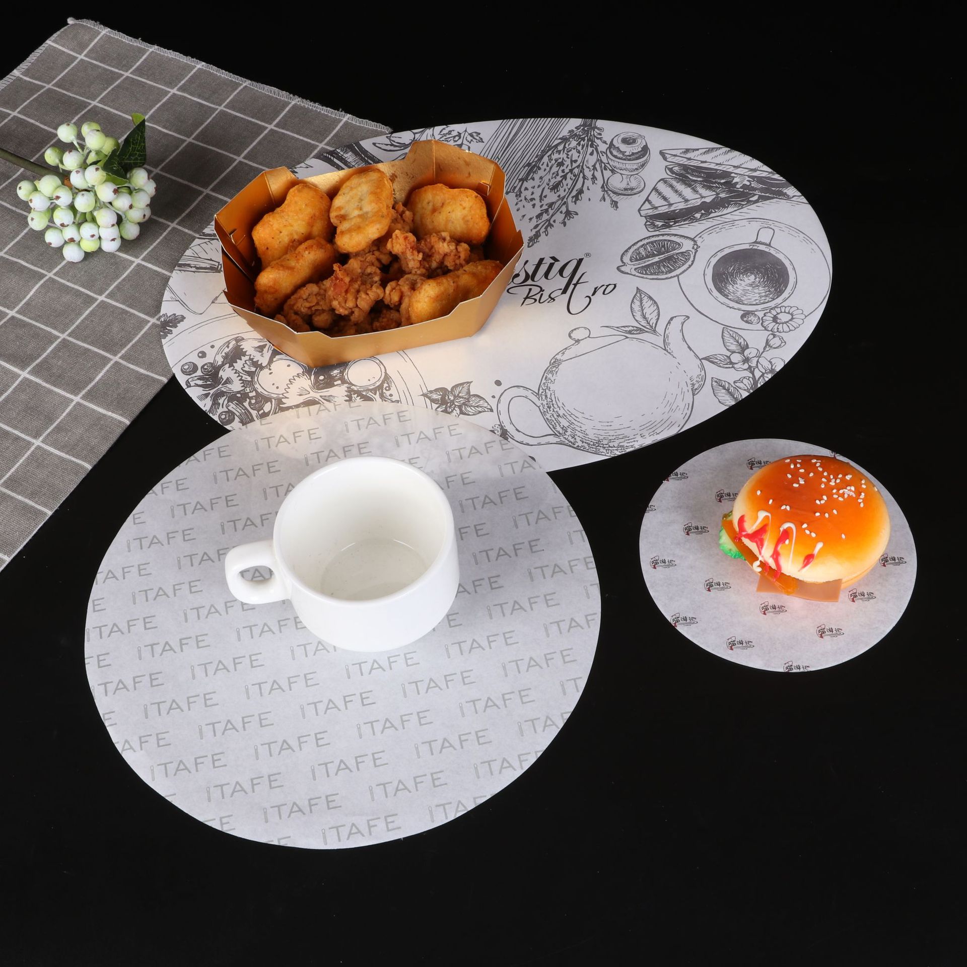厂家批发烘焙防油纸蜡纸汉堡包装餐盘纸面包垫盘纸