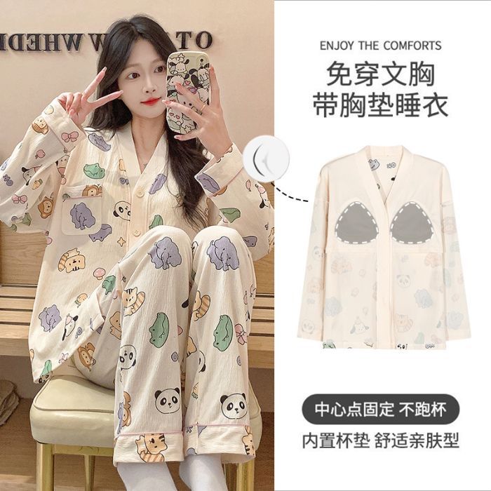 Al por mayor transfronterizo primavera y otoño nuevo algodón arrugado cardigán kimono corbata cojín de pecho pijama de manga larga ropa doméstica de dibujos animados de mujer