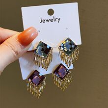 小众设计彩色水晶圈圈小流苏耳环几何方形耳坠高级感秋冬新款耳饰