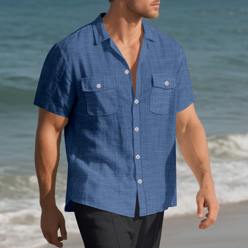 Chemise d'été à manches courtes pour homme, couleur unie, double poche, décontractée, pour les vacances_voghion.com