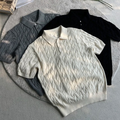 ツイストニットセーターハイエンドPOLO新作夏ケーブルコーマコットンラペルニット半袖Tシャツオールドマネースタイル