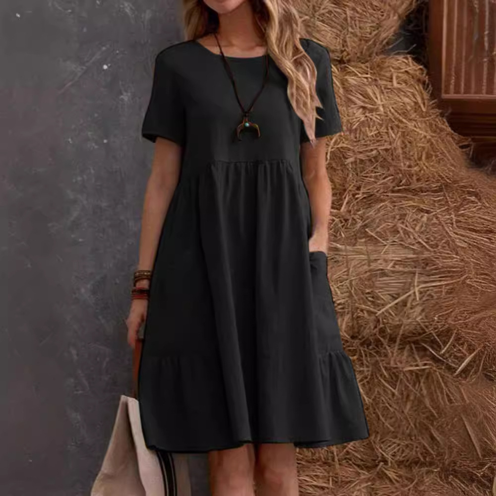 2026 Summer European And American Retro Loose Pocket Solid Color Round Neck Women's Dress_ecoleips.com