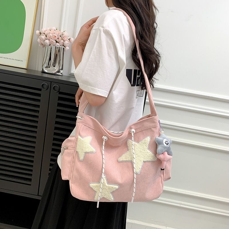 Niche Design Star Female Student Large-Capacity Commuter Tote Bag Corduroy Shoulder Crossbody Bag New Style