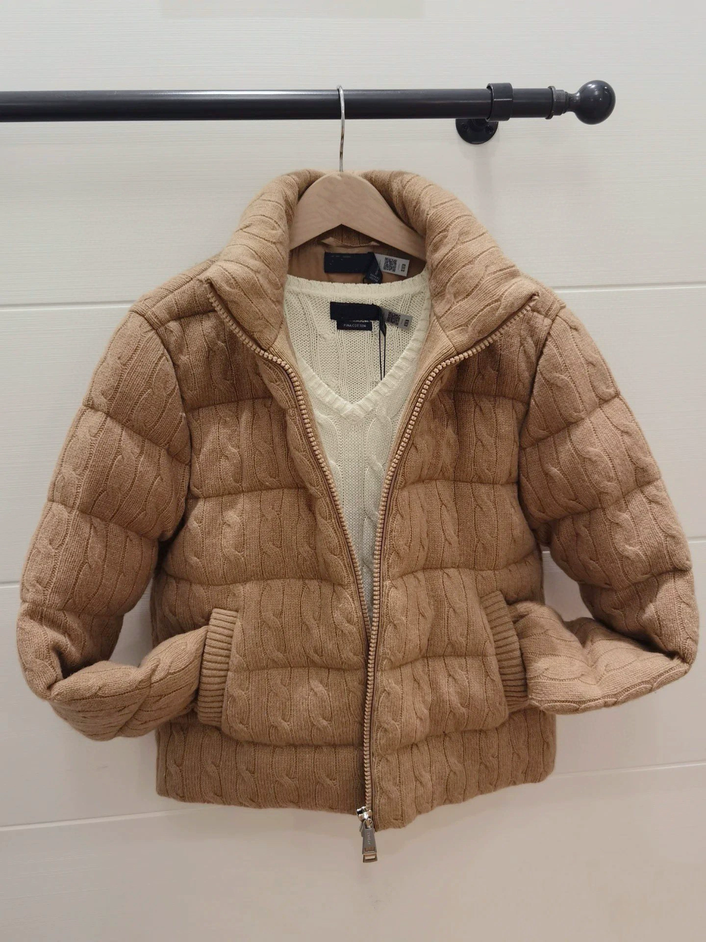 Woolen cashmere knitted down jacket with zipper with down, cotton long-sleeve