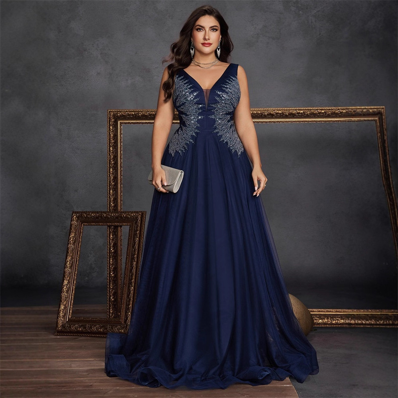 European and American Cross-Border Amazon New Plus Size Fat Woman Dress Elegant Cocktail Party Formal Evening Dress Embroidered Mother Dress European and American Cross-Border Amazon New Plus Size Fat Woman Dress Elegant Cocktail Party Formal Evening Dress Embroidered Mother Dress
