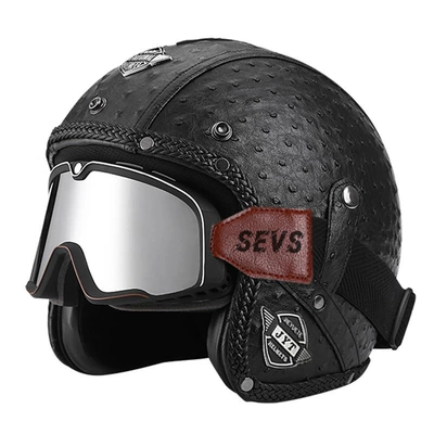 Motorcycle Safety Supplies Helmet Men's and Women's Motorcycle - 555-leather-helmet-black-polka-dots-large-frame-goggles-silver-mirror-s