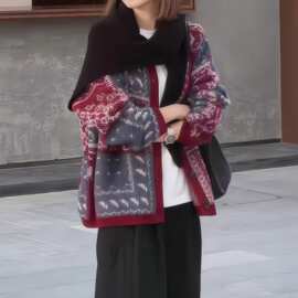 韩系红色费尔岛提花针织开衫女秋冬外搭慵懒风宽松软糯毛衣外套女