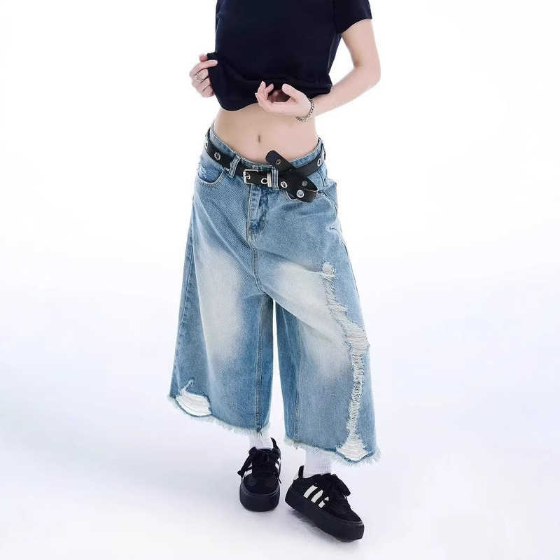 Women's Summer Thin Denim Shorts, Wide-Leg, Loose, High-Waisted, Slimming, Plus-Size, Student Style, 100kg for Plus-Size Women