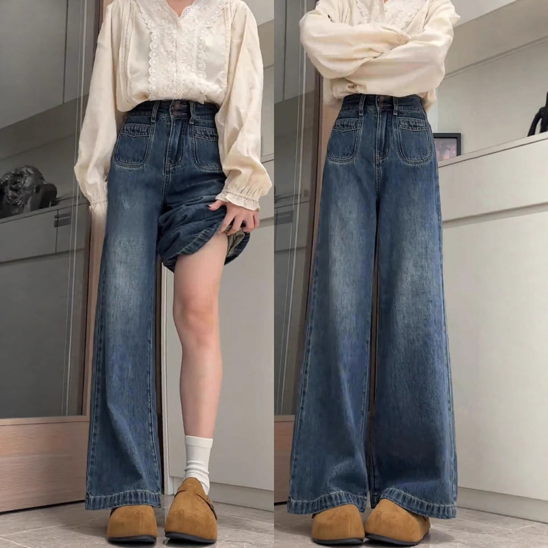 Vintage Blue Wide-Leg Jeans for Women, New Spring Style, Plus-Size, High-Waisted, Slimming, Loose Straight-Leg, Floor-Length Pants