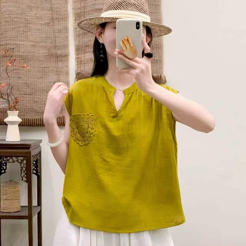 Lace Crochet Pocket Cotton T-Shirt for Women, Summer Sleeveless Shirt, Women's Top, Sleeveless Vest, Comfortable and Breathable T-Shirt