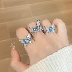 新款復古漸變奶油藍蝴蝶開口戒指小眾設計時尚個性氣質百搭指環
