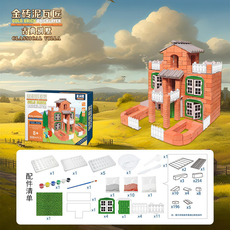 Masón diy construyendo a mano casa mini cabaña modelo arquitecto maestro de simulación ladrillo construyendo casa juguetes
