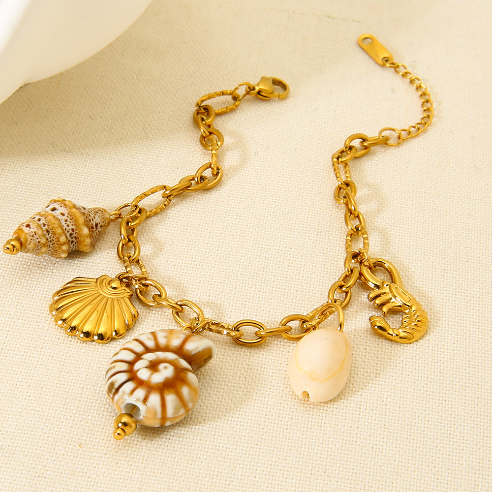 Multi Charms Bracelet Classification Beach Sweet Starfish Conch Shell 304 Stainless Steel Ceramics Figaro Chain Multi Charms Bracelet In Bulk