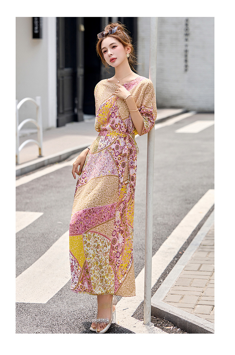 Đầm maxi nữ thắt eo in họa tiết hoa thanh lịch mùa hè 2025 — Cam hoa, Hoa tím, Hoa sọc, Hồng hoa tím chi tiết 33