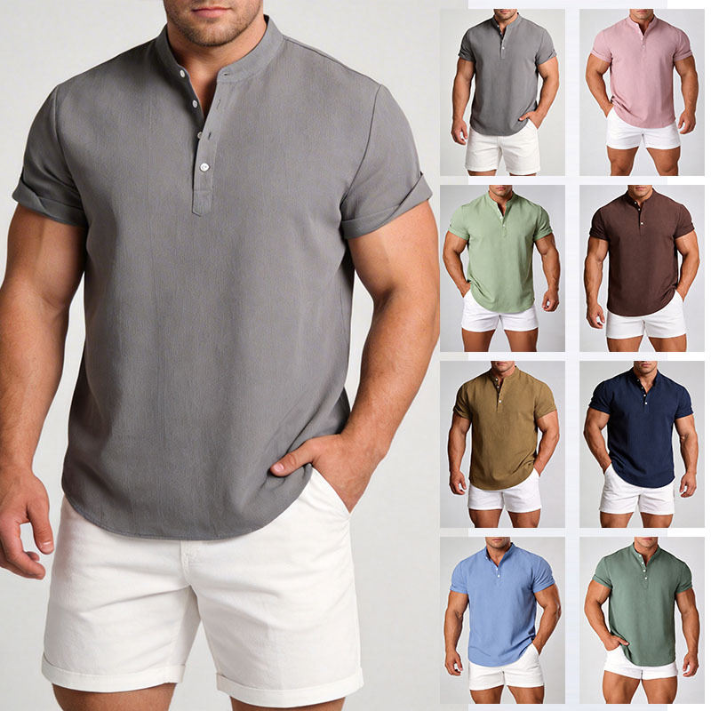 2026 Summer Men's Linen Short-Sleeve Pullover Shirt, Solid Color Stand Collar Shirt, Home Wear, Youth Loose Shirt, Cross-Border