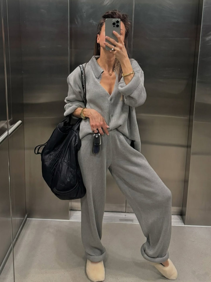 Bộ đồ dệt kim nữ dài tay cổ lật phong cách thanh lịch — Màu kaki, Màu mơ, Màu xám, Màu đen chi tiết 54
