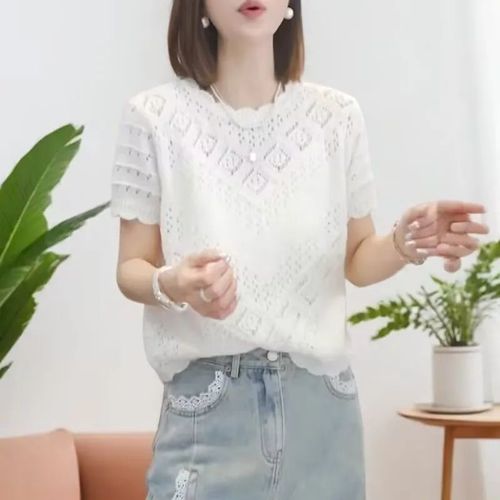 Korean-style fashionable hook and eye lace short-sleeve women's spring summer versatile design sense little black dress knit sweater
