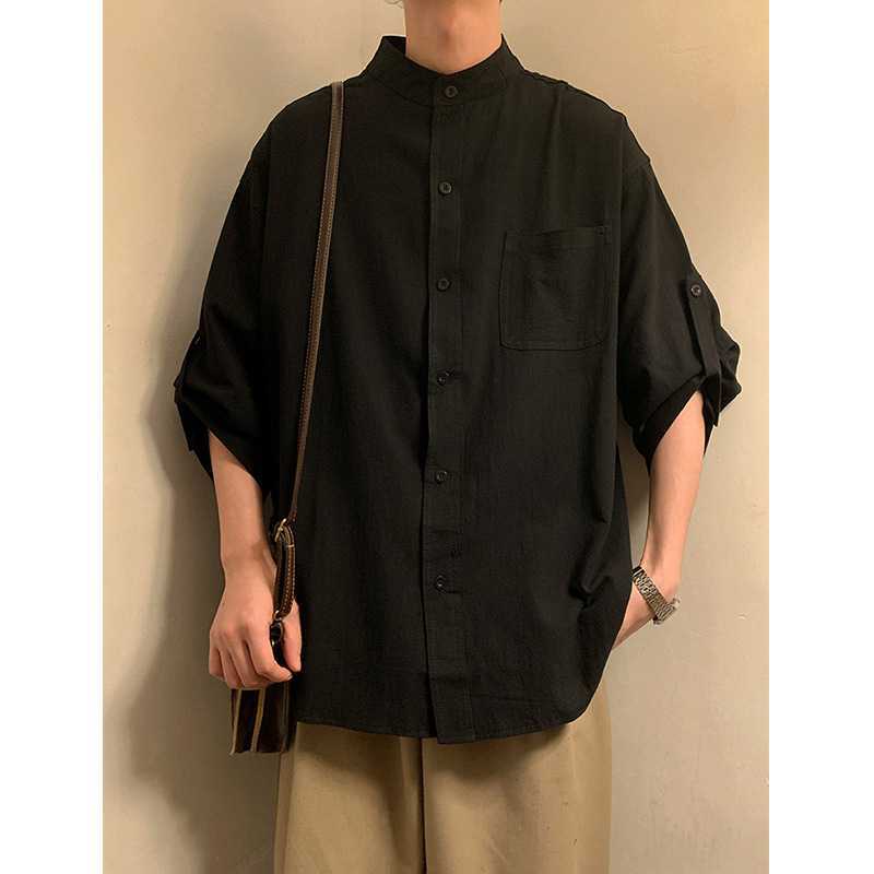 New Chinese Style Seven-sleeve Shirt Men's Summer High-end Hong Kong Style Retro Design Sense Boys Short-sleeved Shirt Jacket