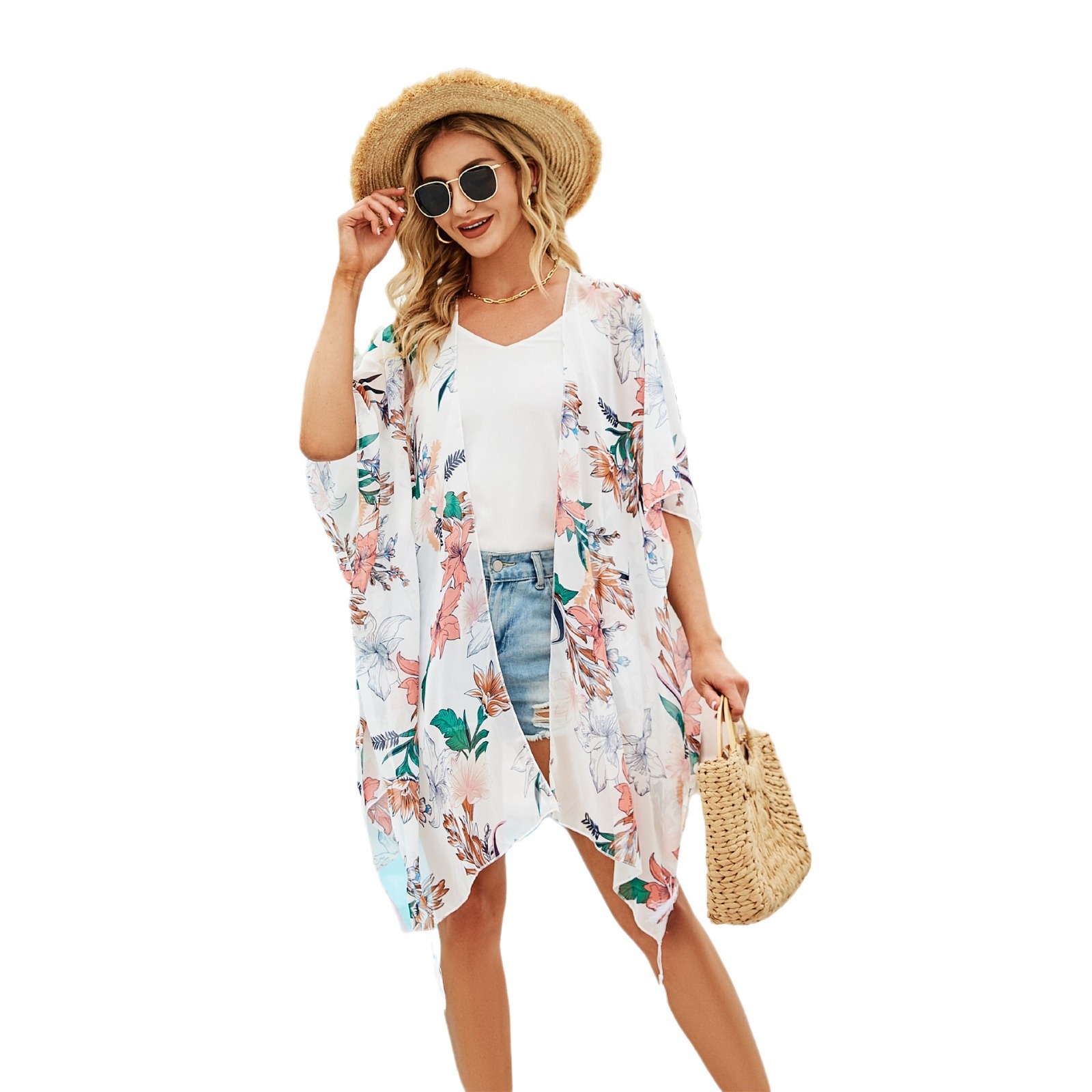 Blusa de verano 2024 con estampado floral dulce y estilo veraniego, de longitud media, para mujer, con protección solar.