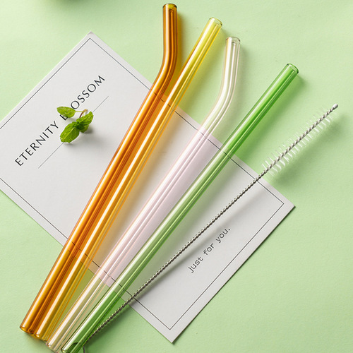 Korean ins style colored thick glass straws transparent creative heat-resistant high borosilicate crystal straws straight bent tubes in bulk