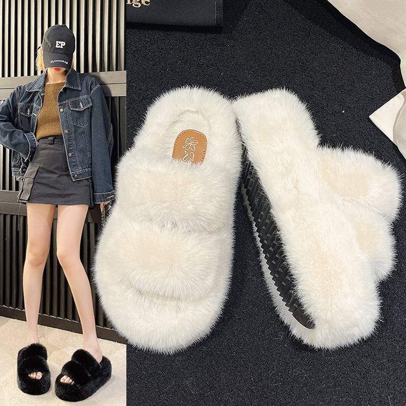 Thick-Soled Slippers for Women to Wear Outside, Small People at Home, Height-Increasing Platform Plush Fur Shoes, Large Size New 2025 Spring & Fall Cotton